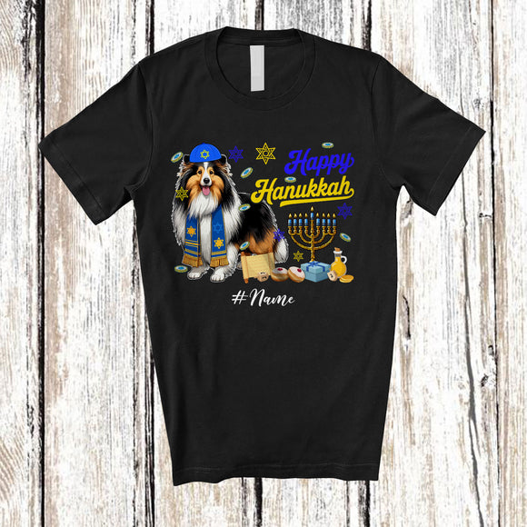 MacnyStore - Personalized Custom Name Happy Hanukkah; Amusing Chanukah Shelties With Menorah Animal T-Shirt
