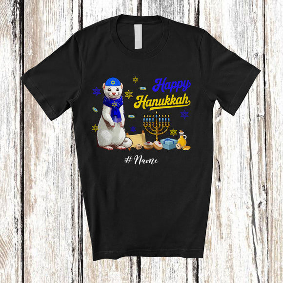 MacnyStore - Personalized Custom Name Happy Hanukkah; Amusing Chanukah White Weasel With Menorah Animal T-Shirt