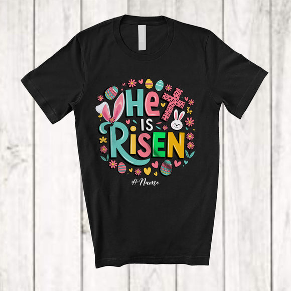 MacnyStore - Personalized Custom Name He Is Risen; Lovely Easter Bunny Leopard Cross; Eggs Hunt Flowers T-Shirt