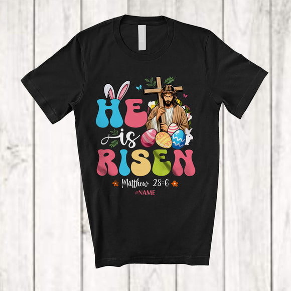 MacnyStore - Personalized Custom Name He is Risen Jesus; Awesome Easter Leopard Cross Jesus; Groovy T-Shirt