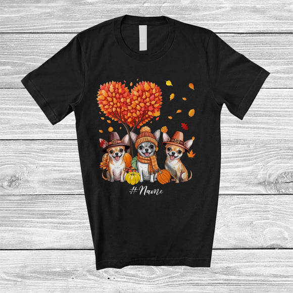 MacnyStore - Personalized Custom Name Heart Fall Tree Three Chihuahua Owner; Amazing Thanksgiving Family T-Shirt