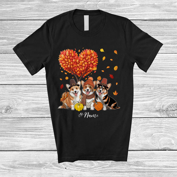 MacnyStore - Personalized Custom Name Heart Fall Tree Three Corgi Owner; Amazing Thanksgiving Family T-Shirt