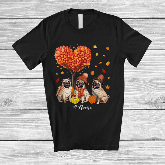 MacnyStore - Personalized Custom Name Heart Fall Tree Three Pug Owner; Amazing Thanksgiving Family T-Shirt