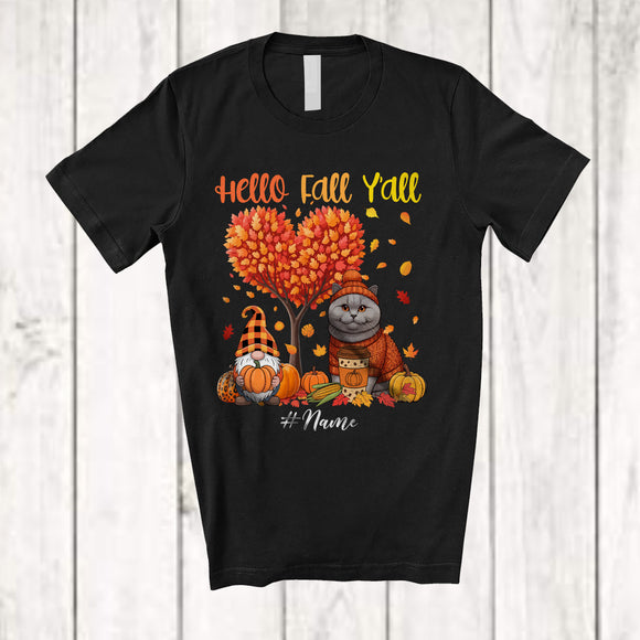 MacnyStore - Personalized Custom Name Hello Fall; Lovely Thanksgiving Fall Tree Heart British Shorthair Gnome T-Shirt