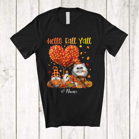 MacnyStore - Personalized Custom Name Hello Fall; Lovely Thanksgiving Fall Tree Heart Persian Cat Gnome T-Shirt