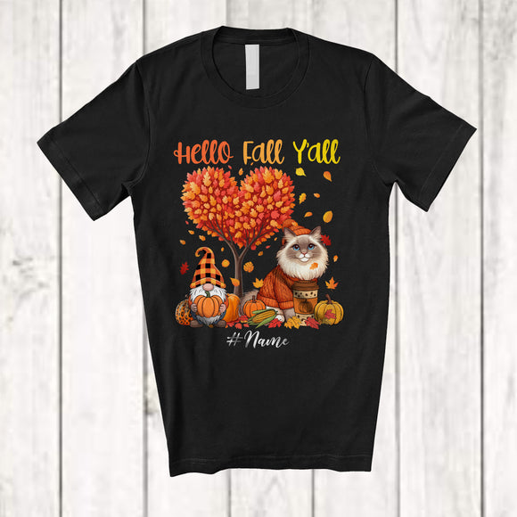 MacnyStore - Personalized Custom Name Hello Fall; Lovely Thanksgiving Fall Tree Heart Ragdoll Gnome T-Shirt