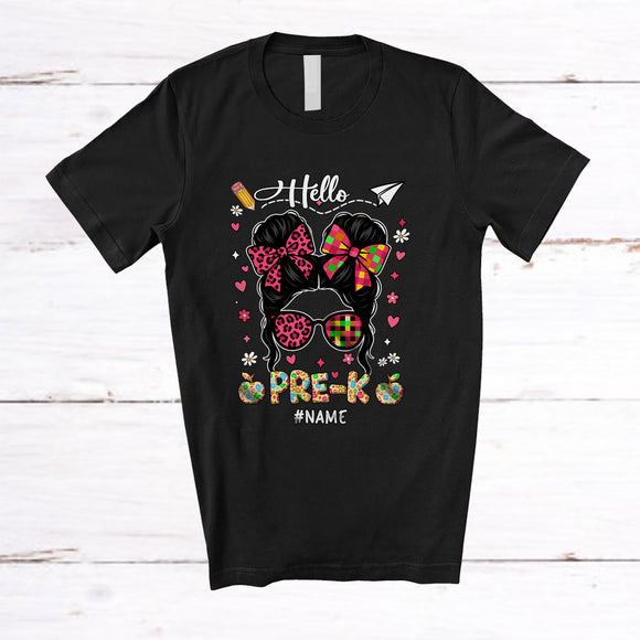 MacnyStore - Personalized Custom Name Hello Pre-K; Lovely First Day Of School Messy Bun Girls Coquette T-Shirt