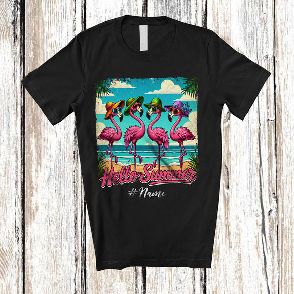MacnyStore - Personalized Custom Name Hello Summer; Lovely Summer Vacation Four Hawaiian Flamingo; Beach T-Shirt
