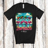 MacnyStore - Personalized Custom Name Hello Summer; Lovely Summer Vacation Four Hawaiian Flamingo; Beach T-Shirt