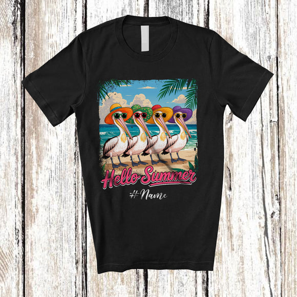MacnyStore - Personalized Custom Name Hello Summer; Lovely Summer Vacation Four Hawaiian Pelican; Beach T-Shirt