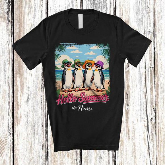 MacnyStore - Personalized Custom Name Hello Summer; Lovely Summer Vacation Four Hawaiian Penguin; Beach T-Shirt