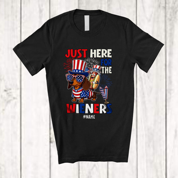 MacnyStore - Personalized Custom Name Here For The Wieners; Joyful 4th of July Hotdog Riding Dachshund T-Shirt