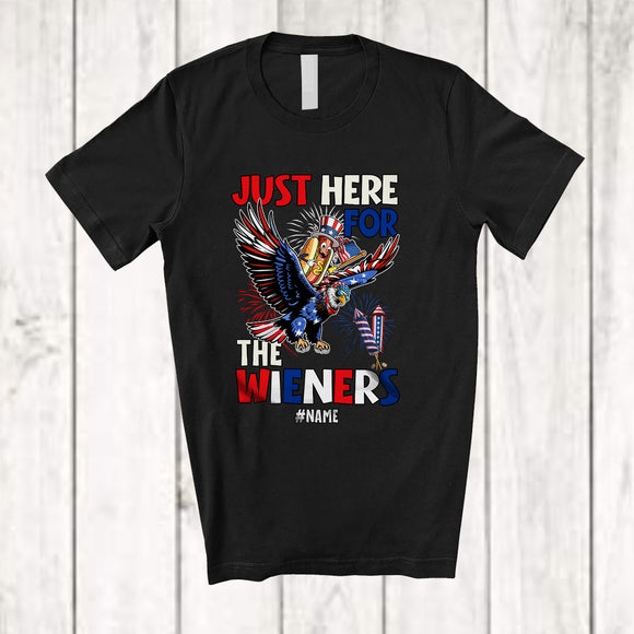 MacnyStore - Personalized Custom Name Here For The Wieners; Joyful 4th of July Hotdog Riding Eagle T-Shirt
