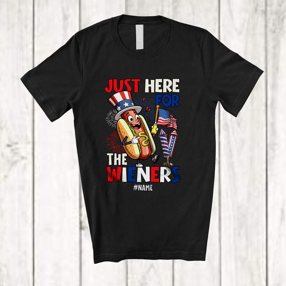 MacnyStore - Personalized Custom Name Here For The Wieners; Joyful 4th of July Hotdog US Flag; Patriotic T-Shirt