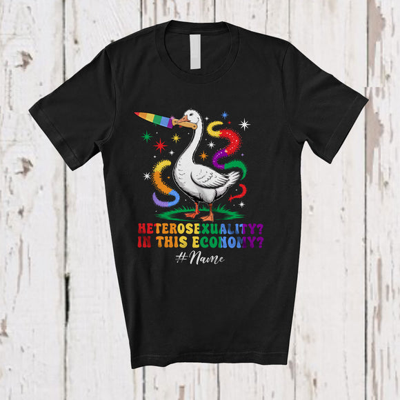 MacnyStore - Personalized Custom Name Heterosexuality In This Economy; Humorous LGBTQ Gay Goose Rainbow T-Shirt