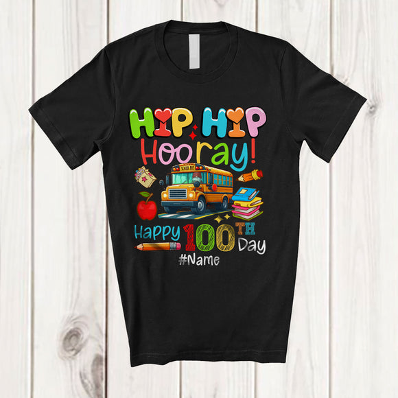 MacnyStore - Personalized Custom Name Hip Hip Hooray 100th Day of School; Joyful Gnome Driving School Bus T-Shirt