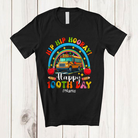 MacnyStore - Personalized Custom Name Hip Hip Hooray 100th Day of School; Joyful Rainbow School Bus T-Shirt