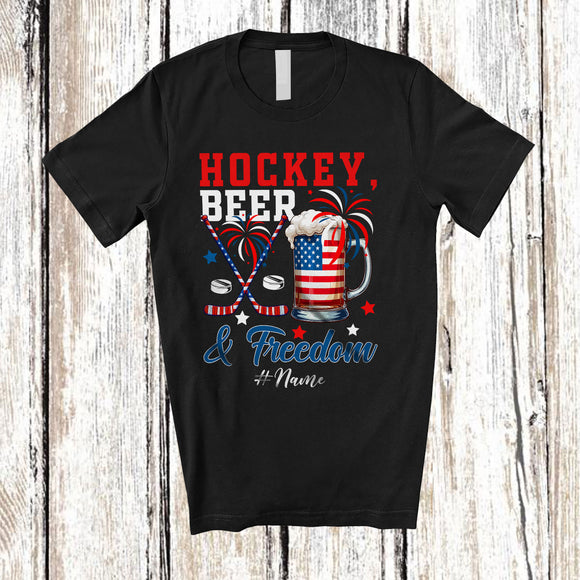 MacnyStore - Personalized Custom Name Hockey Beer Freedom; Joyful 4th of July Drinking Player; Patriotic T-Shirt