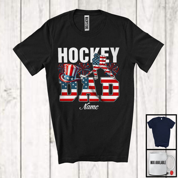 MacnyStore - Personalized Custom Name Hockey Dad, Proud 4th Of July USA Flag Sport, Patriotic Family T-Shirt