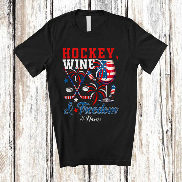 MacnyStore - Personalized Custom Name Hockey Wine Freedom; Joyful 4th of July Drinking Player; Patriotic T-Shirt