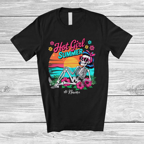 MacnyStore - Personalized Custom Name Hot Girl Summer; Humorous Summer Vacation Skeleton Hawaiian; Retro T-Shirt
