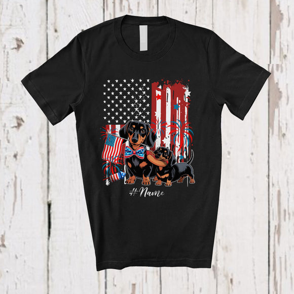 MacnyStore - Personalized Custom Name Hotdog Dachshund Dad Sausage; Happy 4th of July US Flag Patriotic T-Shirt
