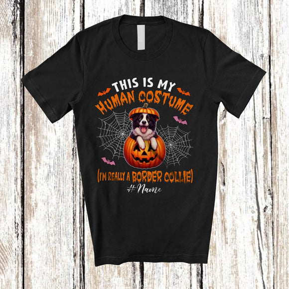 MacnyStore - Personalized Custom Name Human Costume I'm Really A Border Collie; Creepy Halloween Pumpkin T-Shirt