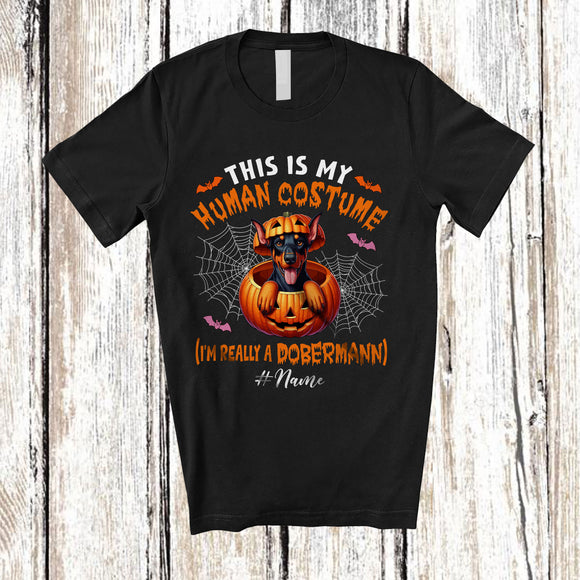 MacnyStore - Personalized Custom Name Human Costume I'm Really A Dobermanns; Creepy Halloween Pumpkin T-Shirt