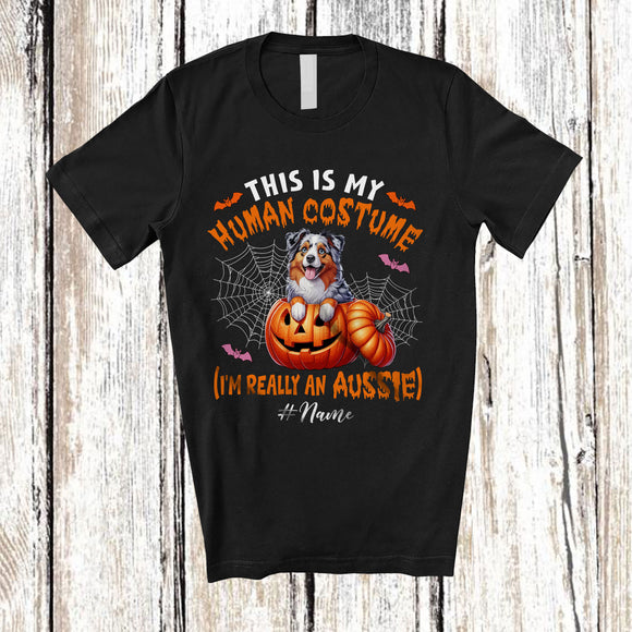 MacnyStore - Personalized Custom Name Human Costume I'm Really An Aussie; Creepy Halloween Pumpkin T-Shirt