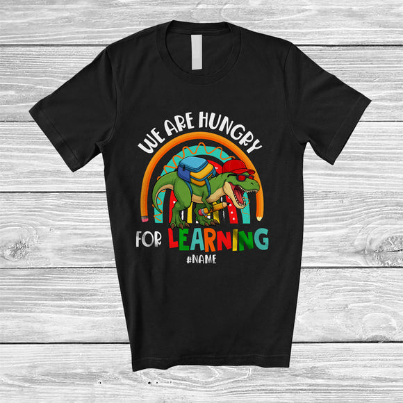 MacnyStore - Personalized Custom Name Hungry For Learning; Amusing Back To School T-Rex Rainbow T-Shirt
