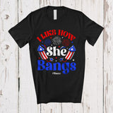 MacnyStore - Personalized Custom Name I Like How She Bangs; Cheerful 4th of July Couple Firecracker Patriotic T-Shirt