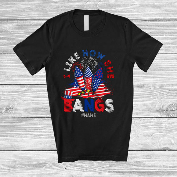 MacnyStore - Personalized Custom Name I Like How She Bangs; Joyful 4th Of July Firecrackers US Flag; Couple T-Shirt