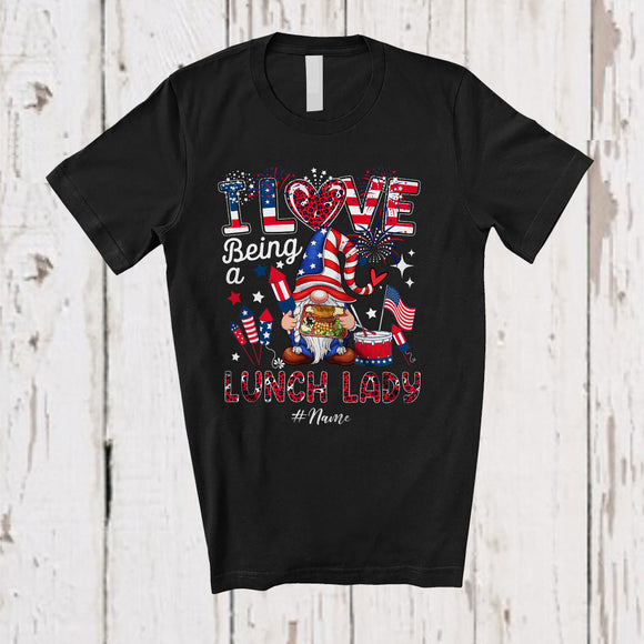 MacnyStore - Personalized Custom Name I Love Being A Lunch Lady; Joyful 4th Of July Leopard Gnome; Patriotic T-Shirt