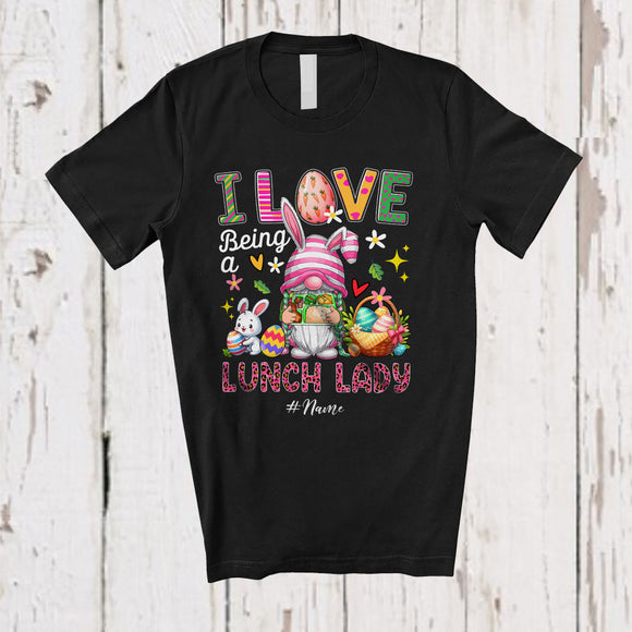 MacnyStore - Personalized Custom Name I Love Being A Lunch Lady; Joyful Easter Leopard Bunny Gnome Heart T-Shirt