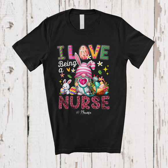 MacnyStore - Personalized Custom Name I Love Being A Nurse; Joyful Easter Leopard Bunny Gnome Heart T-Shirt