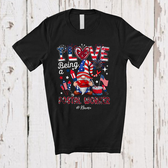MacnyStore - Personalized Custom Name I Love Being A Postal Worker; Joyful 4th Of July Leopard Gnome; Patriotic T-Shirt