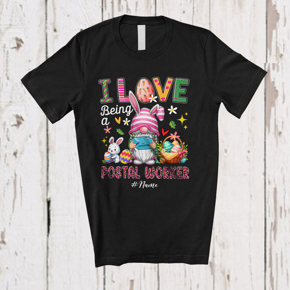 MacnyStore - Personalized Custom Name I Love Being A Postal Worker; Joyful Easter Leopard Bunny Gnome Heart T-Shirt