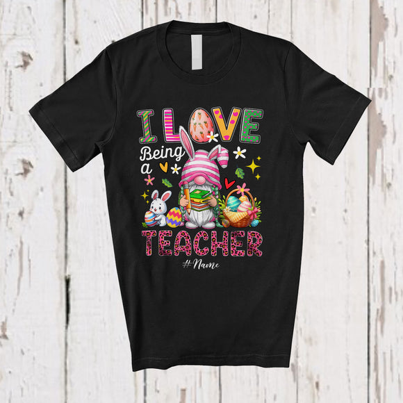MacnyStore - Personalized Custom Name I Love Being A Teacher; Joyful Easter Leopard Bunny Gnome Heart T-Shirt