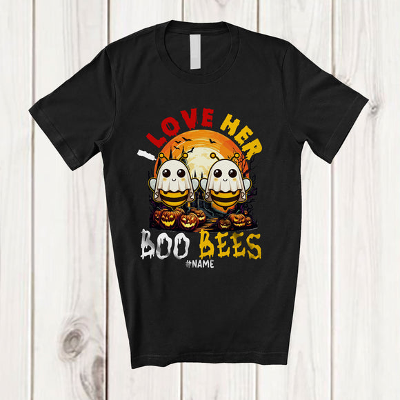 MacnyStore - Personalized Custom Name I Love Her Boo Bees; Lovely Halloween Two Boobs Bees Moon; Couple T-Shirt