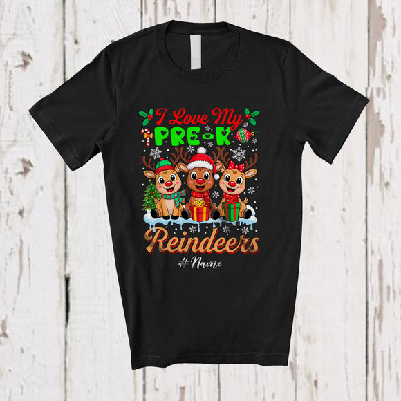 MacnyStore - Personalized Custom Name I Love My Pre-K Reindeers; Joyful Christmas 3 Reindeers Teacher T-Shirt