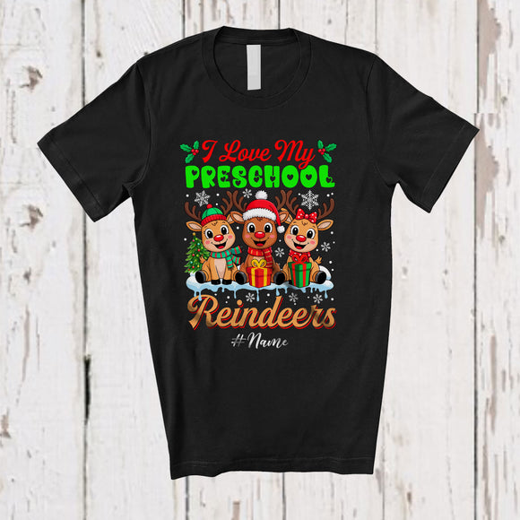 MacnyStore - Personalized Custom Name I Love My Preschool Reindeers; Joyful Christmas 3 Reindeers Teacher T-Shirt