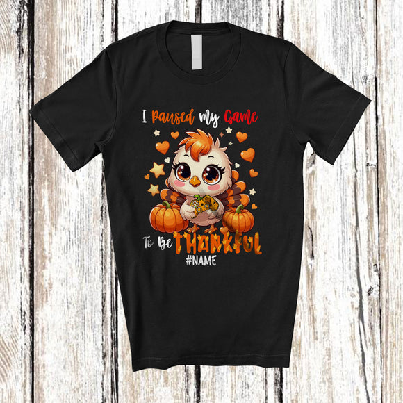 MacnyStore - Personalized Custom Name I Paused My Game To Be Thankful; Lovely Thanksgiving Turkey Gamer T-Shirt