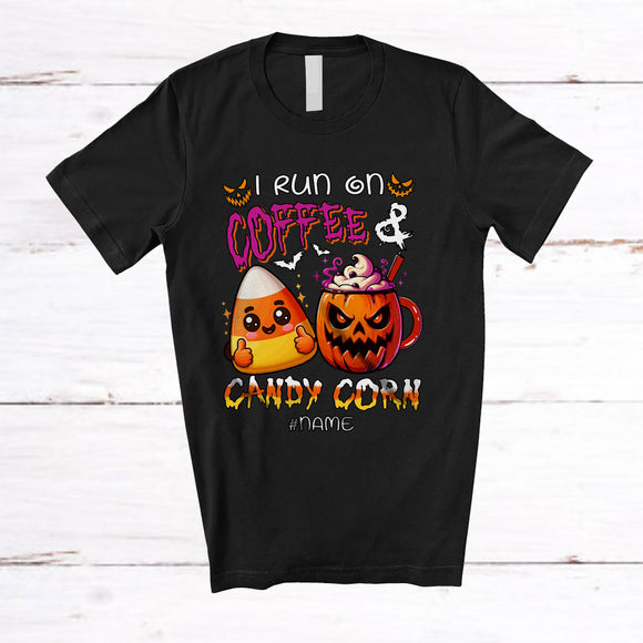 MacnyStore - Personalized Custom Name I Run On Coffee And Candy Corn; Amusing Halloween Pumpkin T-Shirt