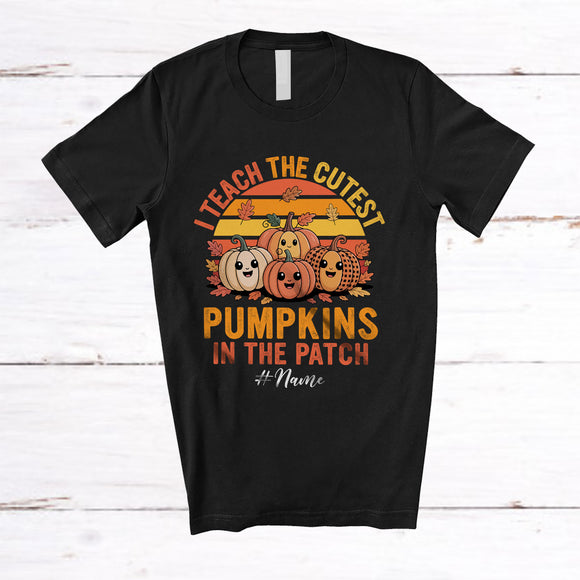 MacnyStore - Personalized Custom Name I Teach The Cutest Pumpkins; Lovely Thanksgiving Vintage Retro Teacher T-Shirt