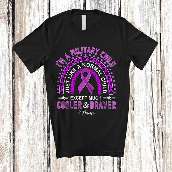 MacnyStore - Personalized Custom Name I'm A Military Child Month; Lovely Purple Ribbon Leopard Rainbow T-Shirt