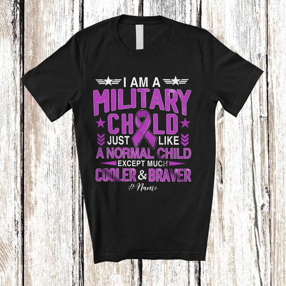 MacnyStore - Personalized Custom Name I'm A Military Child Month; Lovely Purple Ribbon Patriotic Family T-Shirt