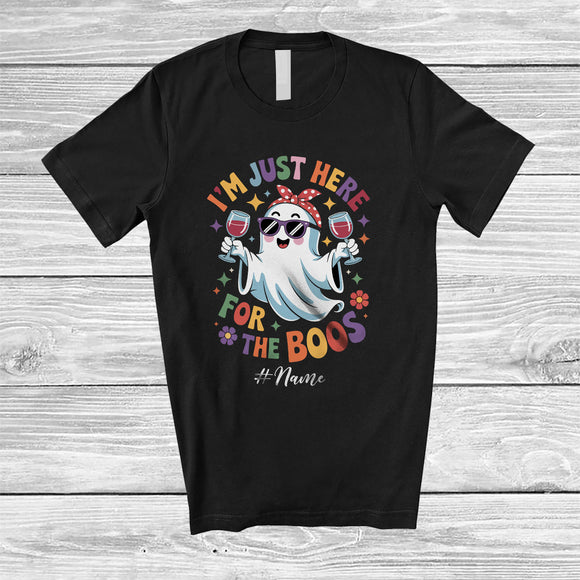 MacnyStore - Personalized Custom Name I'm Just Here For The Boos; Cheerful Halloween Ghost Drinking Wine T-Shirt