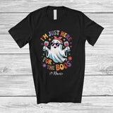 MacnyStore - Personalized Custom Name I'm Just Here For The Boos; Cheerful Halloween Ghost Drinking Wine T-Shirt