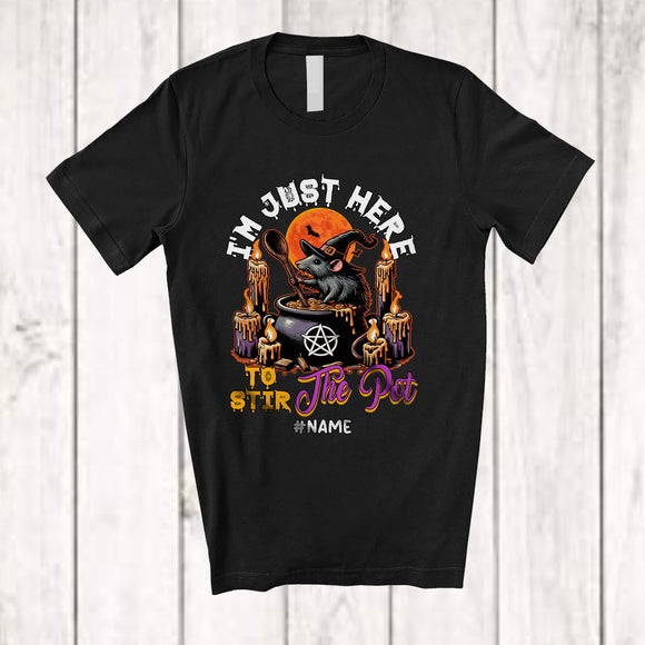 MacnyStore - Personalized Custom Name I'm Just Here To Stir The Pot; Humorous Halloween Rat Witch T-Shirt