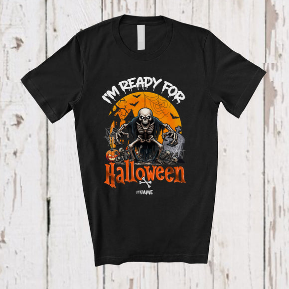 MacnyStore - Personalized Custom Name I'm Ready For Halloween; Creepy Moon Costume Skeleton Family T-Shirt